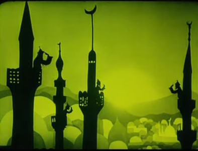 An image from Prince Achmed of men in various minarets against a green sky