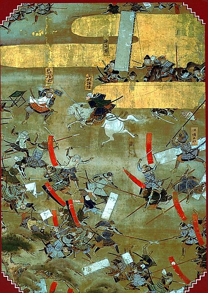 A reproduction of a 17th Century Japanese painting depicting a medieval battle