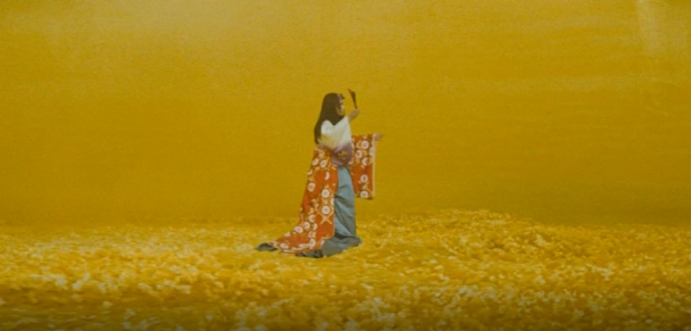 A man wearing a woman's robe dances on a turntable in a field of artificial yellow flowers