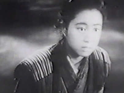 A portait of a young girl in peasant clothes, Otsugi, with a startled look on her face