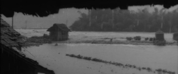 Picture of a rushing river with trees on the opposite bank and a single hut near the left of the frame