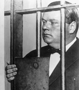 A doctored photo showing an enormously fat man, the comedian Roscoe "Fatty" Arbuckle, apparently behind bars, following his arrest for murder