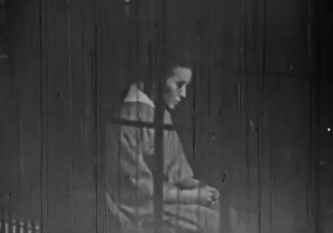 A middle-aged Japanese woman in traditional dress, seen through a latticework, kneels on the floor in the middle distance