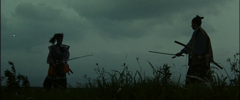 Against a background of clouds, two samurai talk peacefully