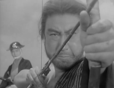 The poor man stands in the foreground with a bow and arrow, about to shoot the arrow, as the man on horseback watches in the background of the frame
